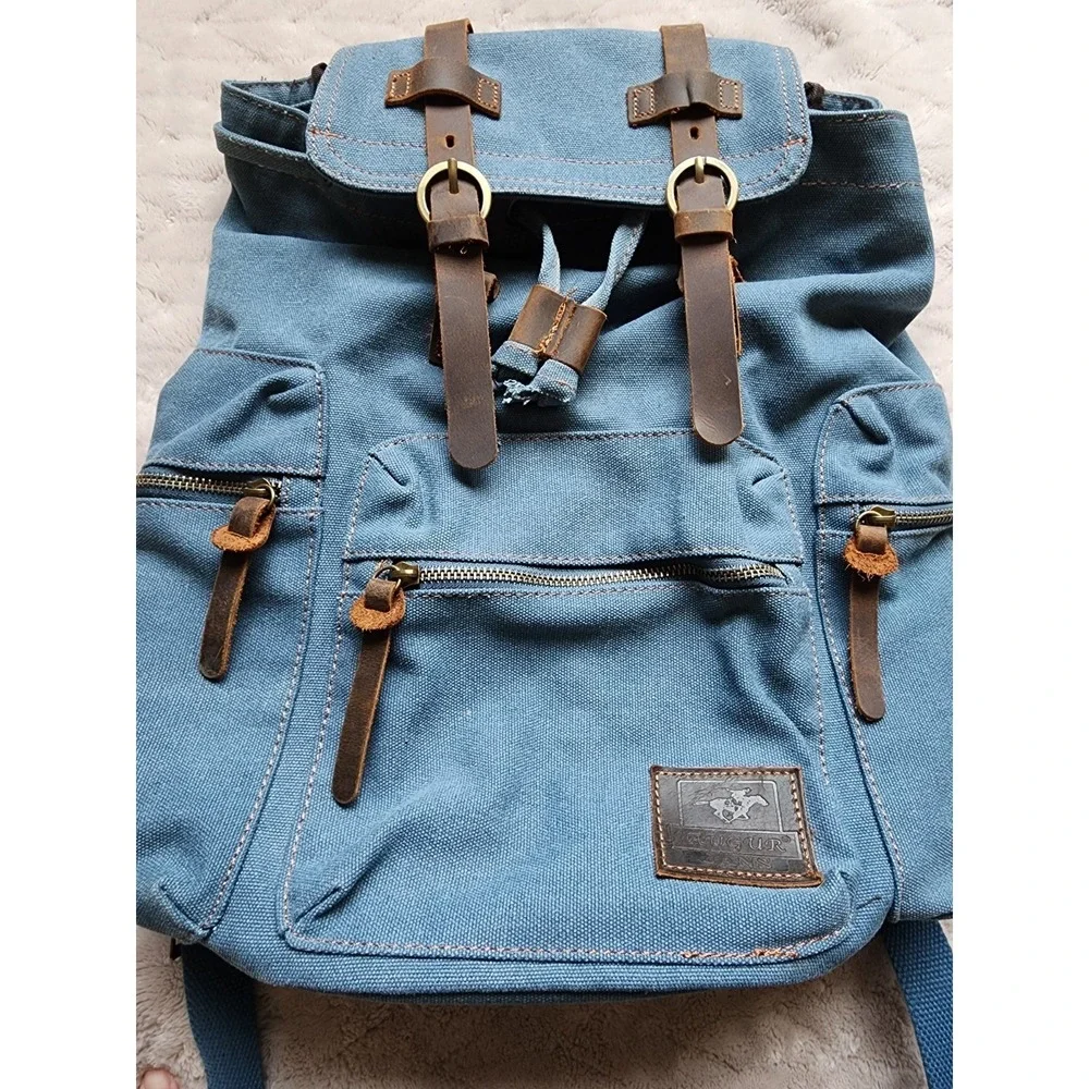 Augur Jans Denim Backpack Blue Vintage Rucksack Magnetic Snap Drawstring Mens